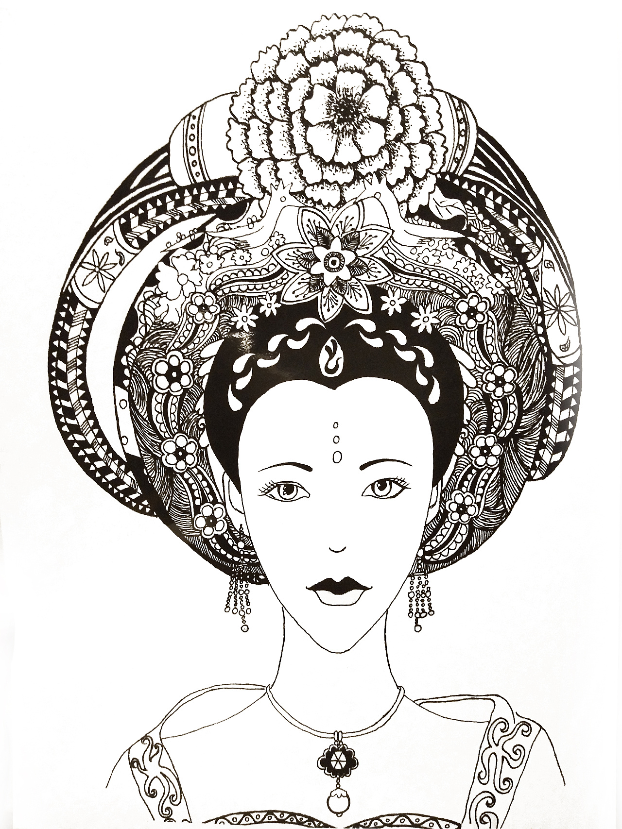 墨色古代美女头饰手绘|纯艺术|钢笔画|默默而笙 - 原创作品 - 站酷