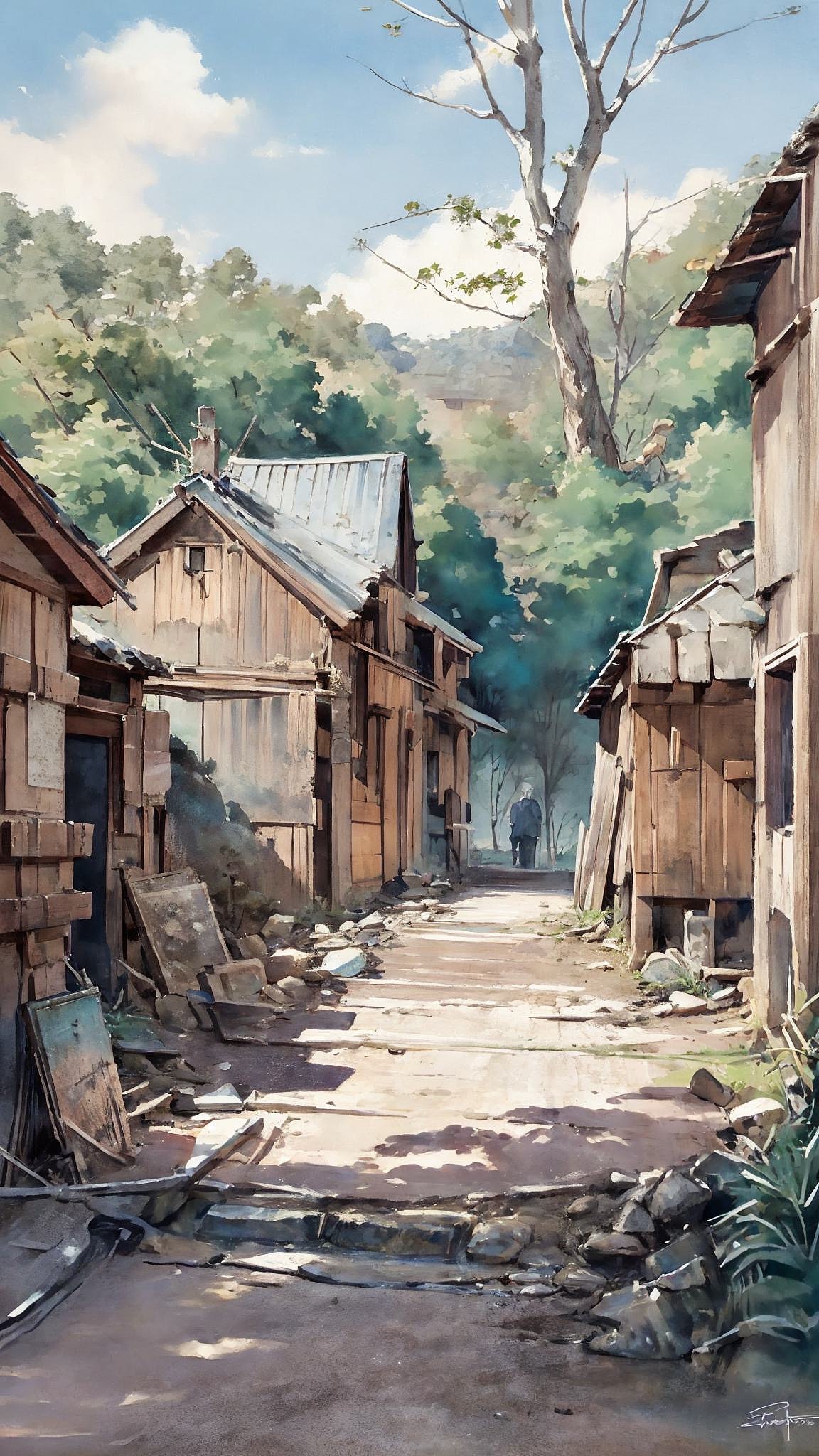 AI原创设计 古村落水彩风格