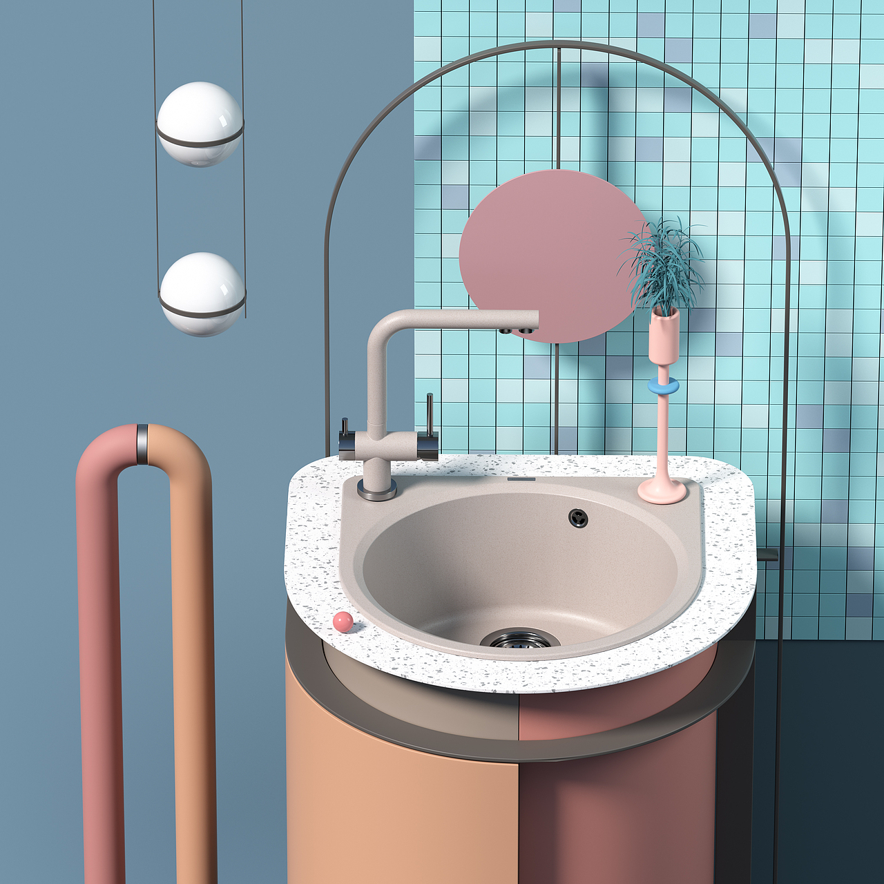 日本OMOIKIRI莫兰迪色厨房搭配-双水路龙头&人造石水槽