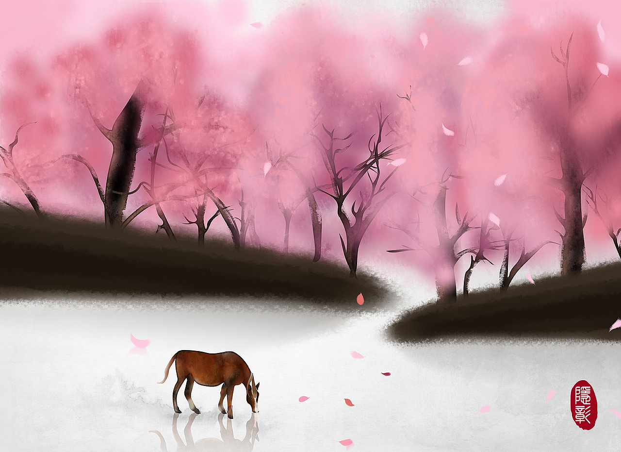 古风手绘《马与桃花林》水墨风景禅意画24节气