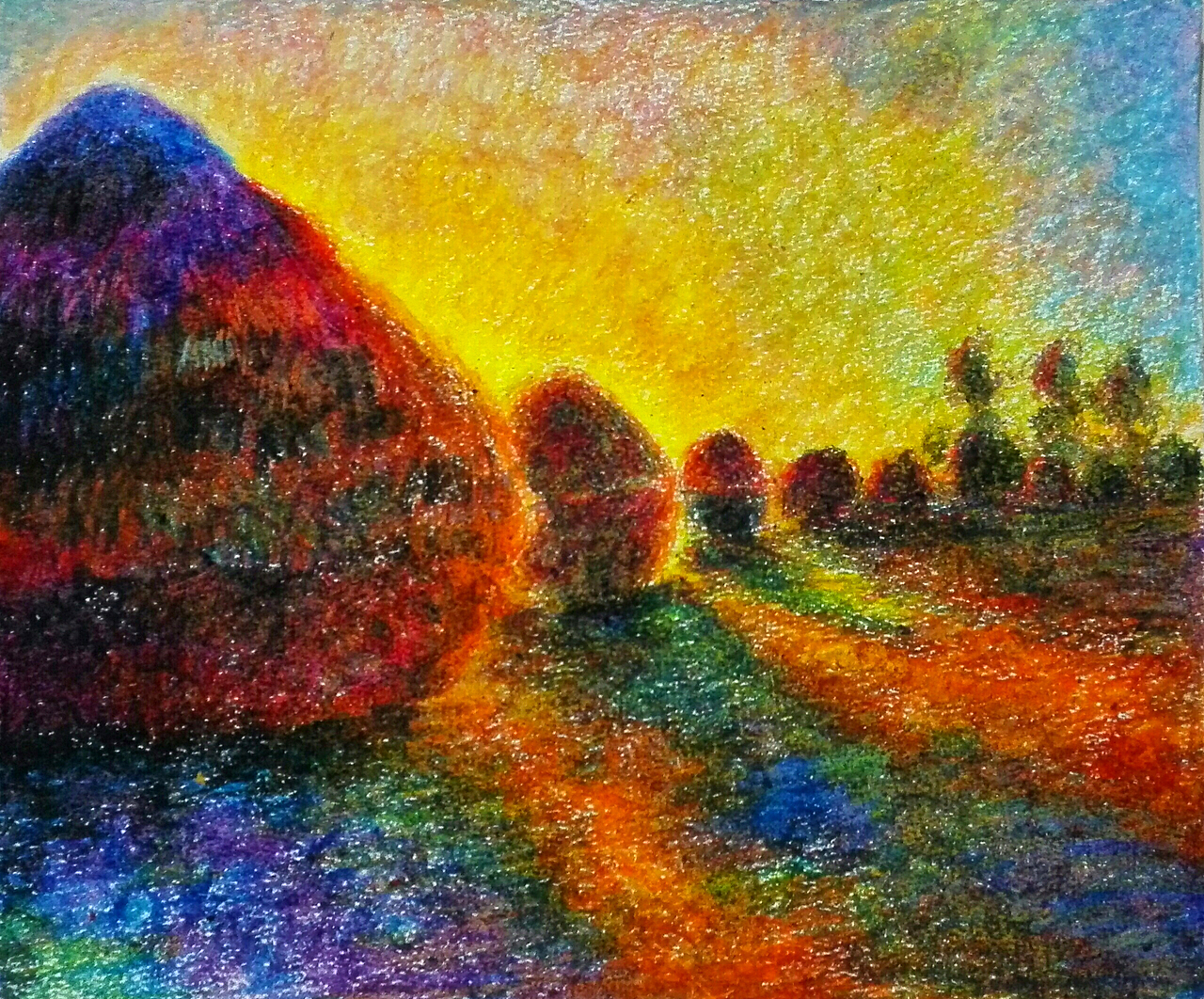 谷堆蜡笔临摹莫奈作品