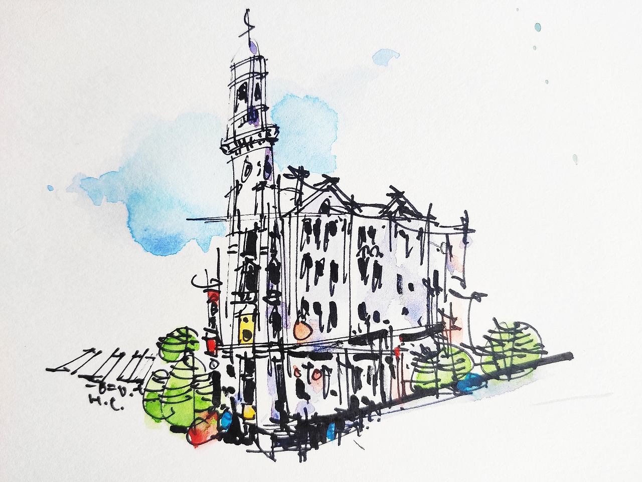 钢笔淡彩建筑风景速写