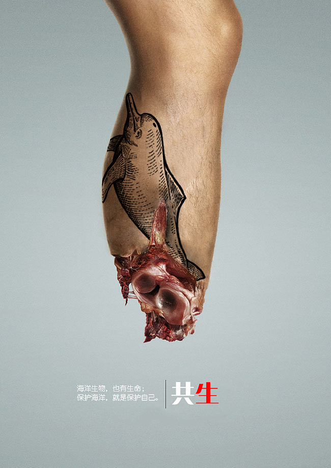 海洋大赛,运用人类的一条断腿和海洋生物海豚的纹身结合表现人与海洋生物应该和谐共处。