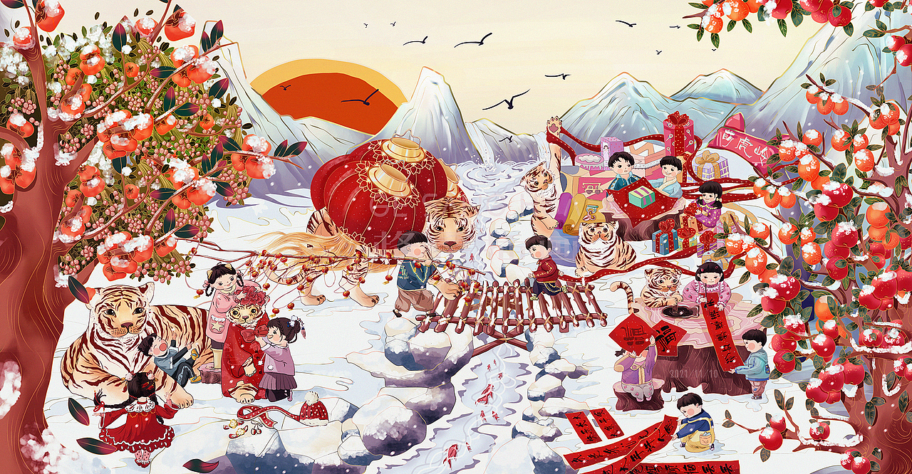 2022虎年新年国风儿童插画《陪大猫一起过大年》_格桑插画-站酷zcool