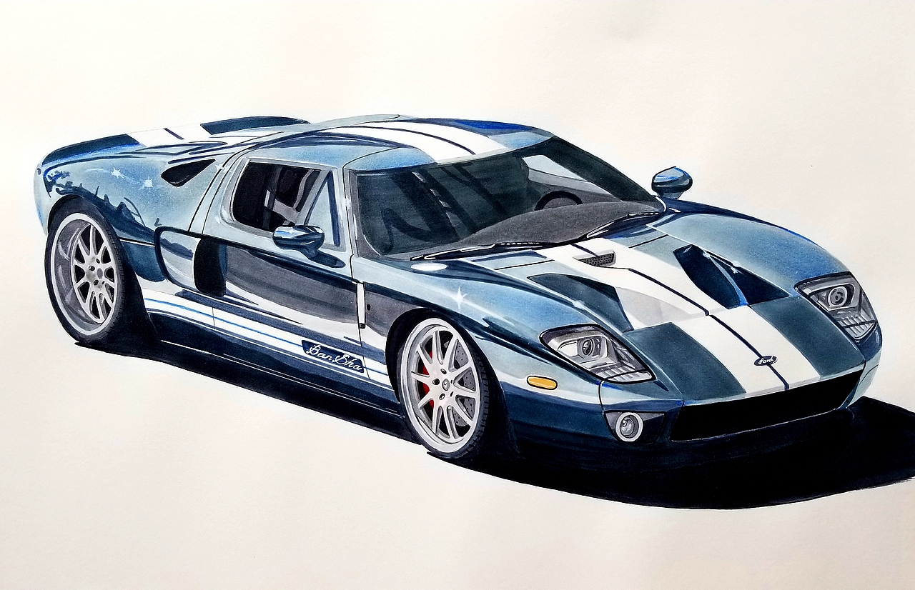 马克笔彩铅手绘汽车手绘福特gt