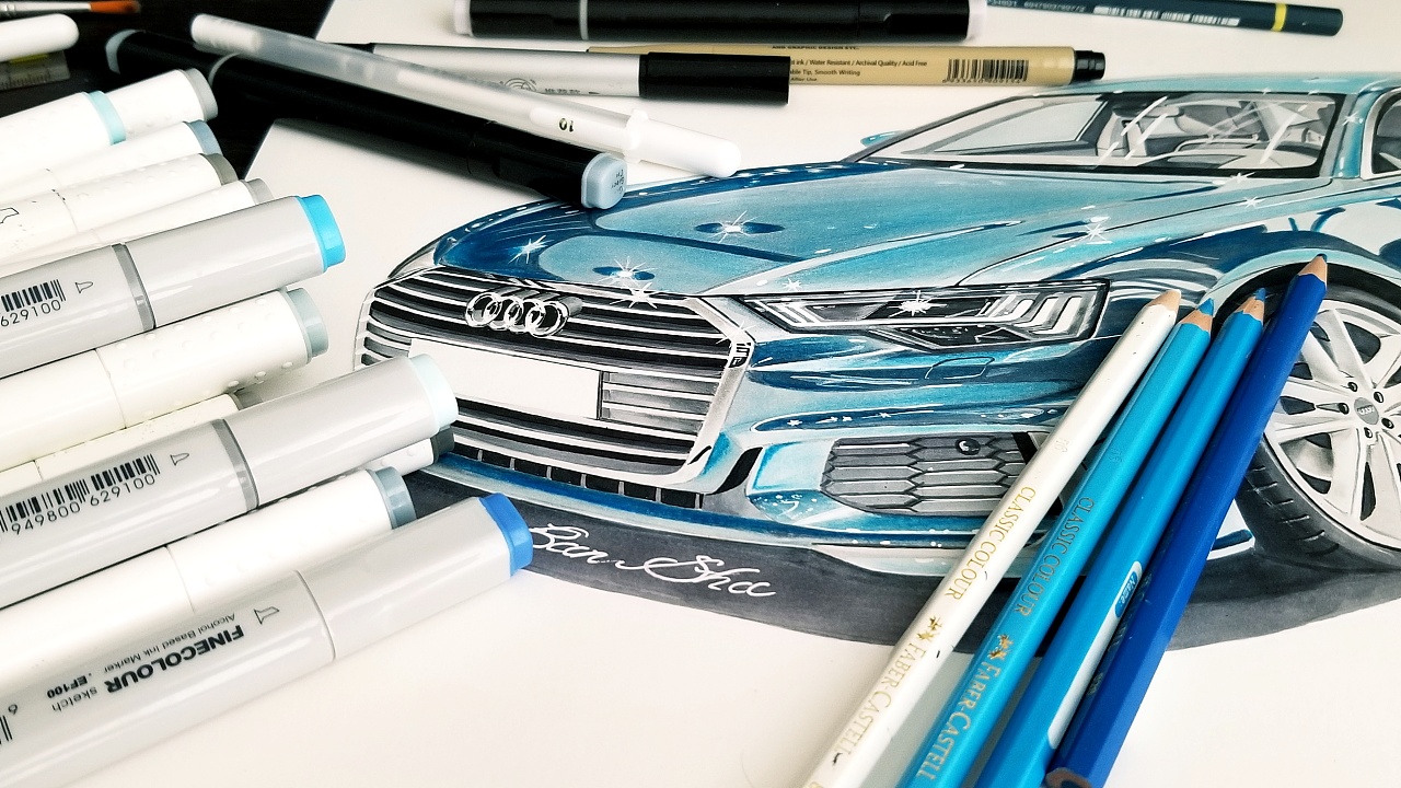 马克笔彩铅手绘 汽车手绘 奥迪a6 50 tdi