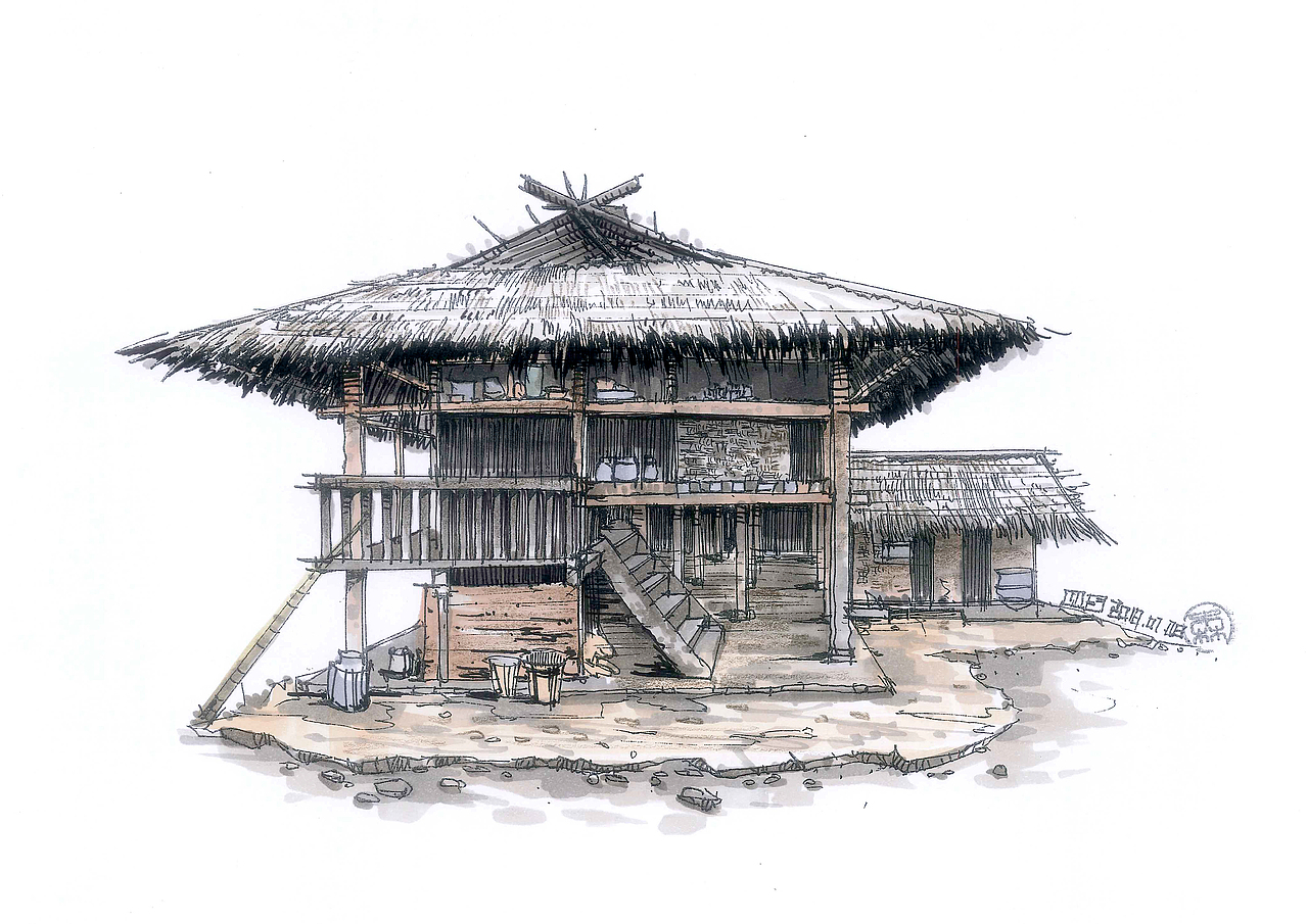 边走边画——云南少数民族建筑手绘作品_二十三木-站酷zcool