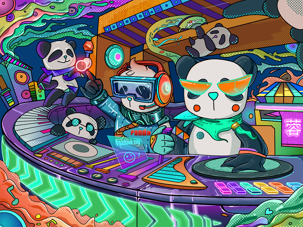 原创插画,将赛博朋克元素,打碟,熊猫等元素融合,成都