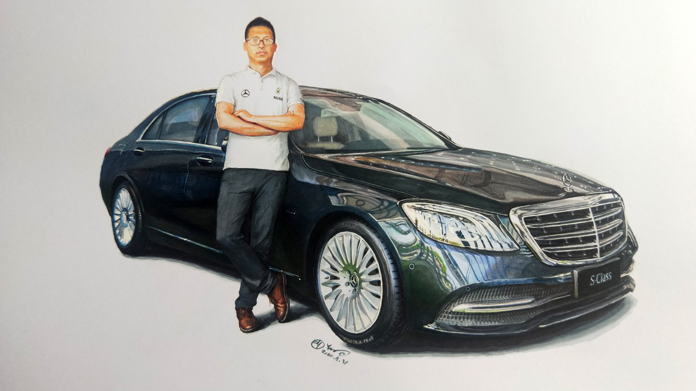 【带人物的汽车手绘】心所向,驰以恒--奔驰 s 350l