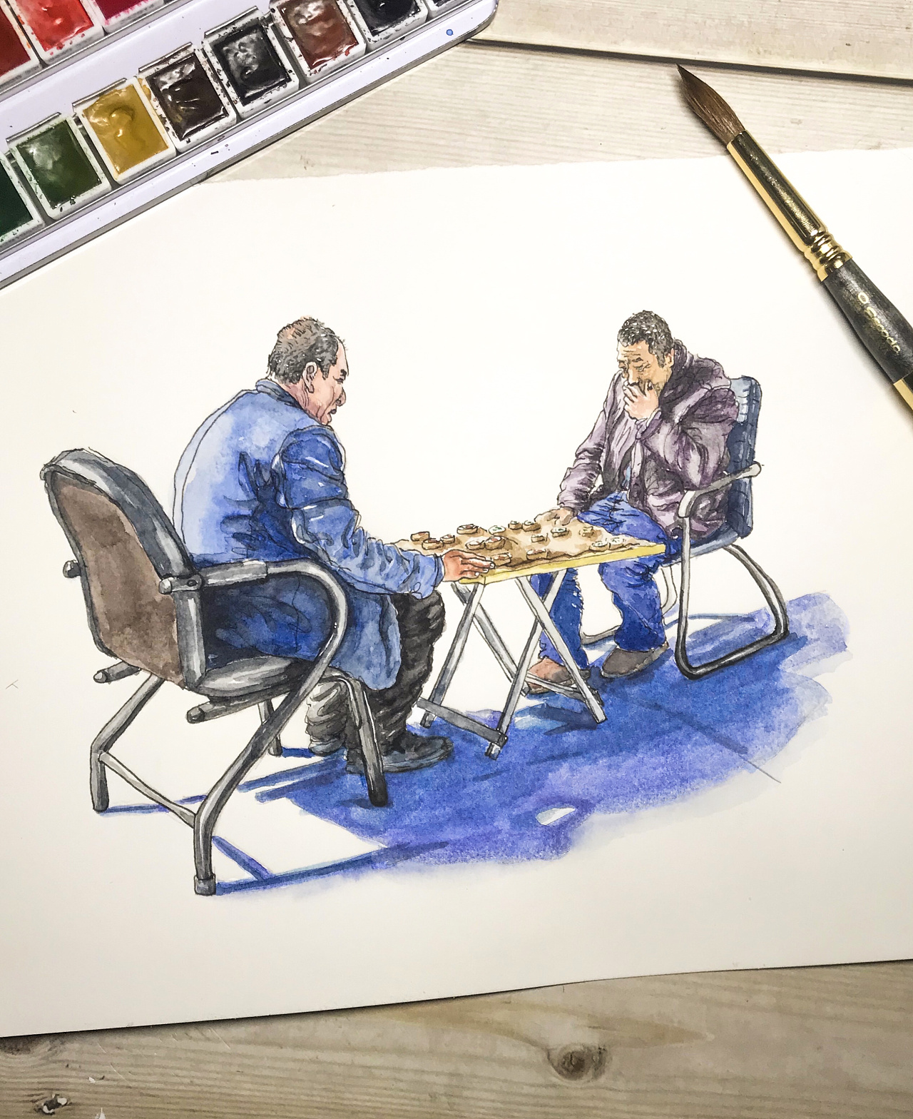 原创水彩画延安新区水果市场下棋的人对弈