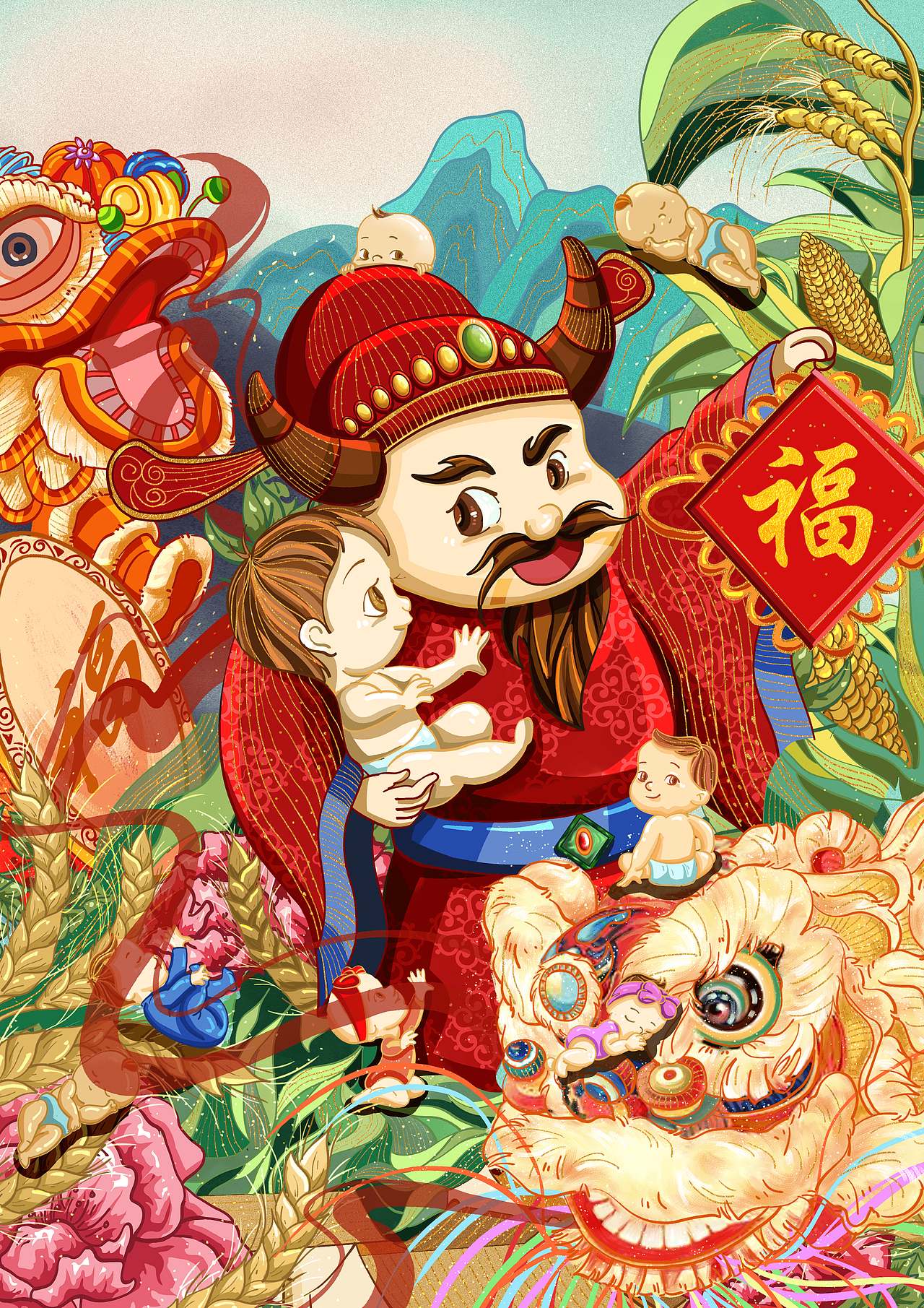 2021新年（牛年）创作---五福临门（图ZMjM1MjExMjc2） - 商业插画 - 站酷设计师哈哈加糖原创素材 - 站酷ZCOOL