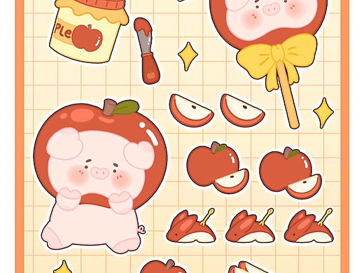 Puppy猪贴纸水果系列——苹果（个人主页-ZNjUzNzA1MjQ=） - 儿童插画 - 站酷设计师Mia米芽呆呆酱原创素材 - 站酷ZCOOL