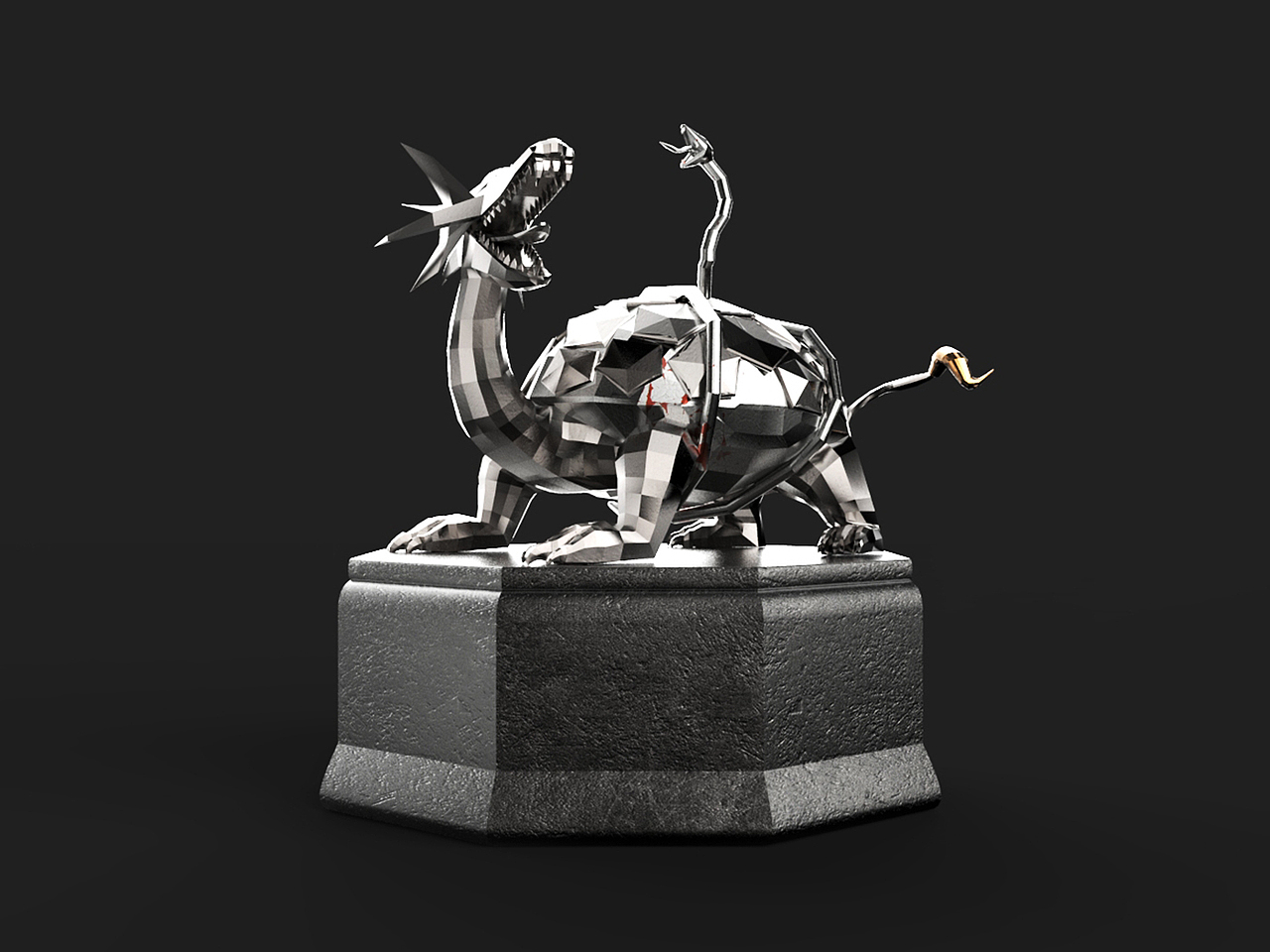 由龟和蛇结合的一种灵物。形象沉稳，拥有粗壮四肢。身体棱角分明带来方正力量感。仰天咆哮姿态。