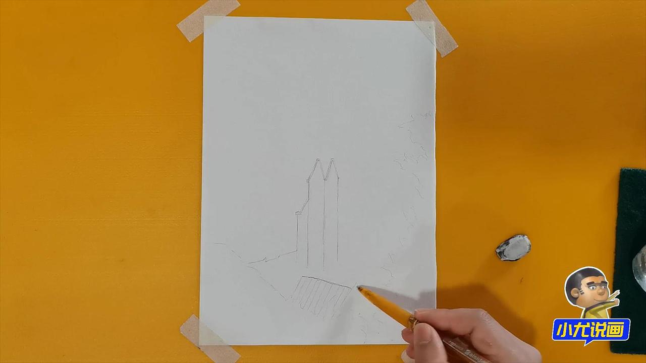 水彩画湖边的教堂-小尤说画