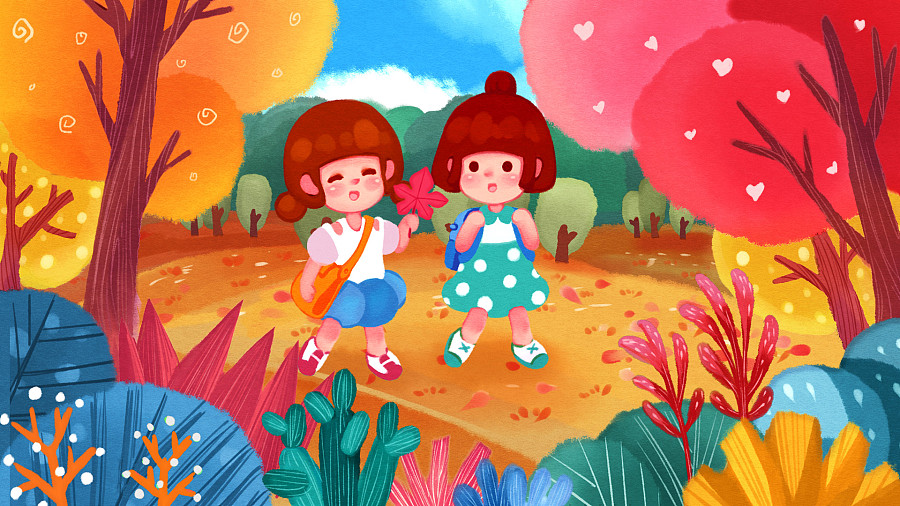 秋天秋季假期金黄色落叶闺蜜姐妹插画