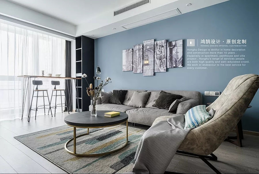 芜湖鸿鹄设计|他家的北欧谜夜蓝客厅，尽揽浦江夜景（图ZMTI4NjI4NzYw） - 家装设计 - 站酷设计师扮家家室内设计网原创素材 - 站酷ZCOOL
