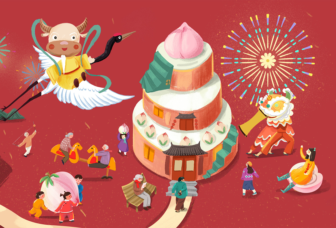 牛年插画福禄寿喜财