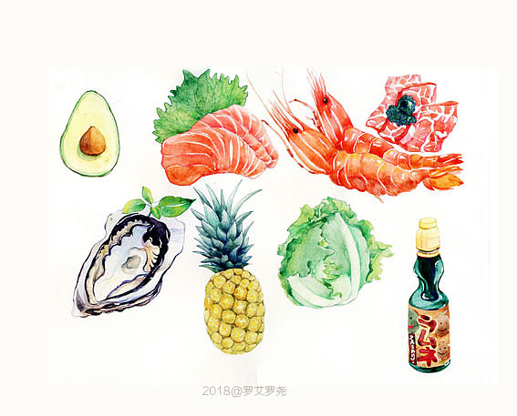 禾牛道 日料食材水彩手绘
