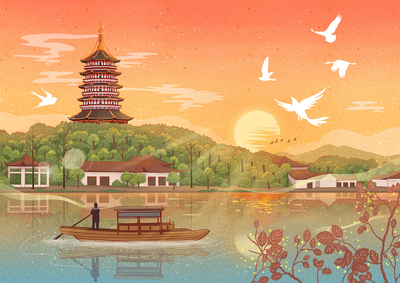 【西湖十景】杭州主题国风插画 |插画|创作习作|简爱手绘_原创作品-站酷ZCOOL