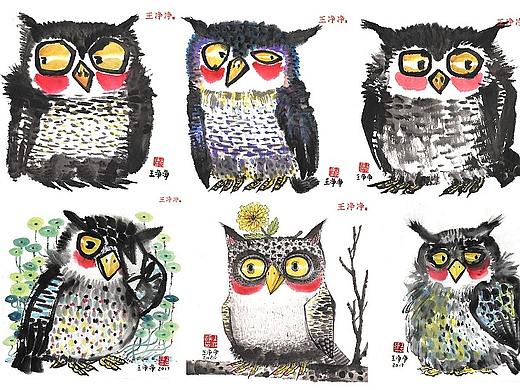 36幅萌趣水墨猫头鹰系列插画 用水墨画猫头鹰