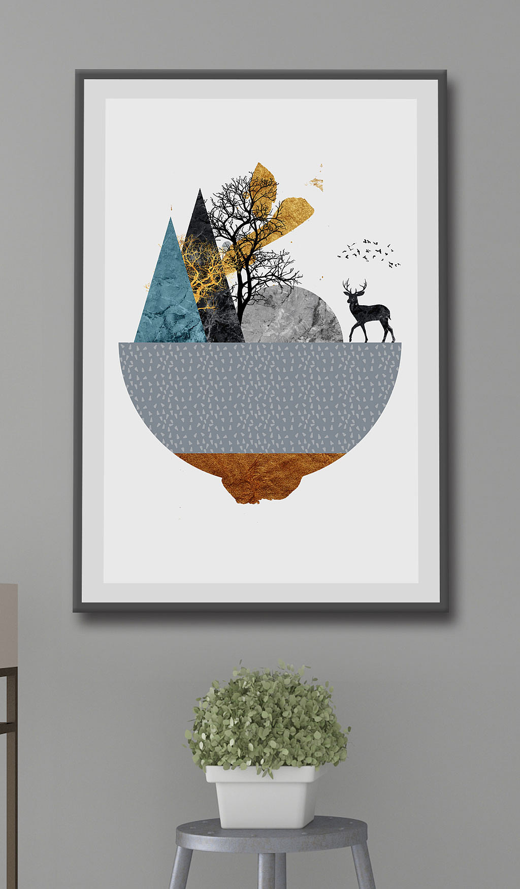 北欧几何抽象创意大树麋鹿客厅晶瓷画装饰画