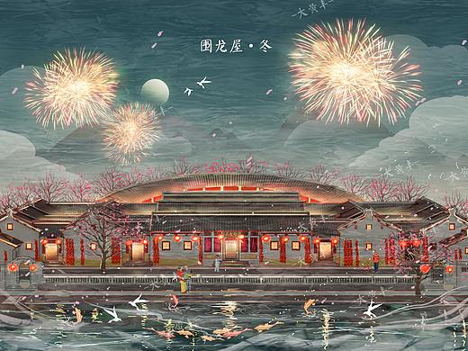 梅州围龙屋的四季插画设计