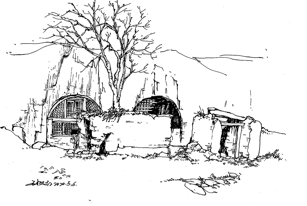 黄土高原风景——窑洞速写