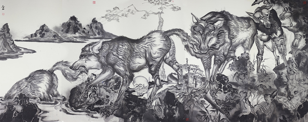 SMH-004《狼循环》 68x138cmx5 纸上水墨 2015
