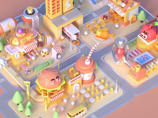C4D兔纸美食镇小场景