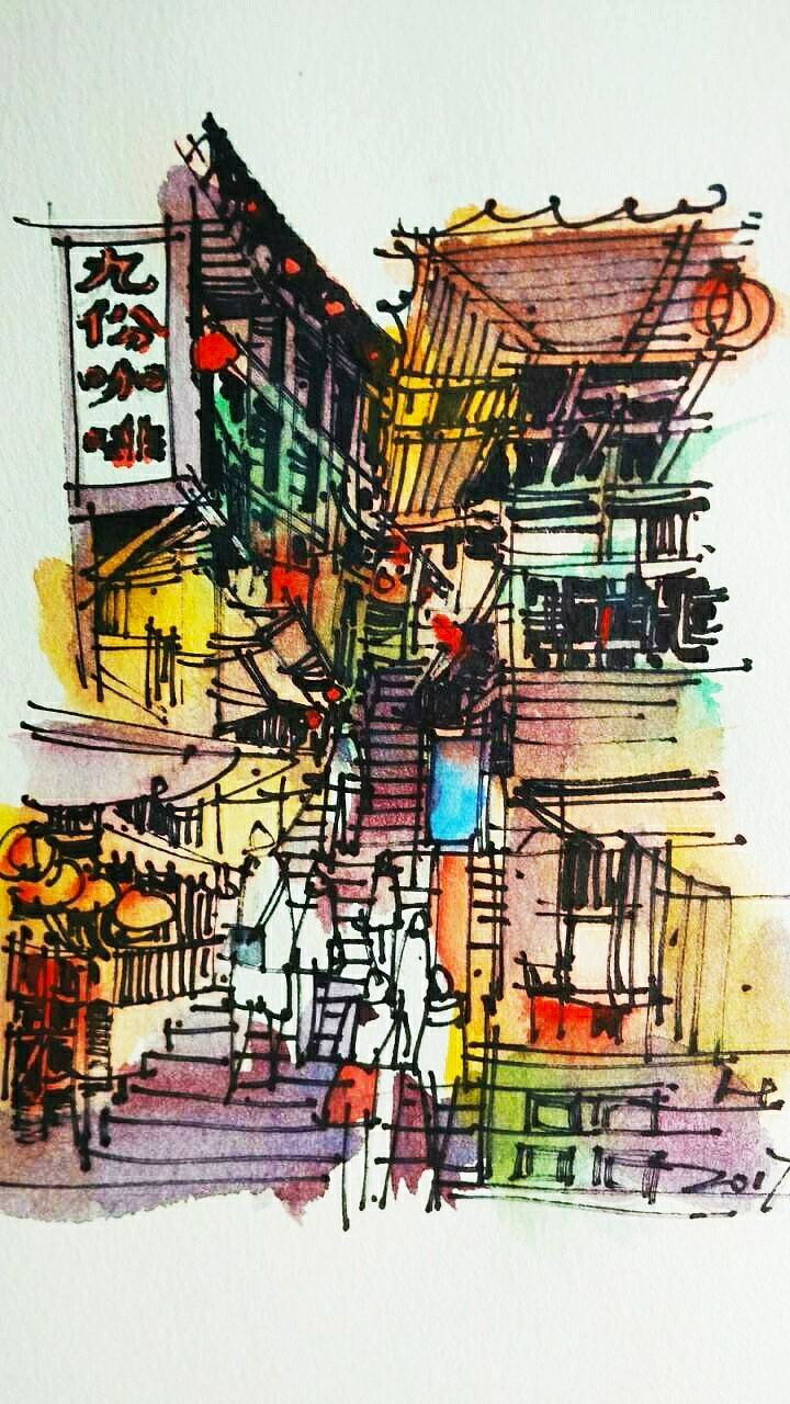 钢笔淡彩建筑风景速写