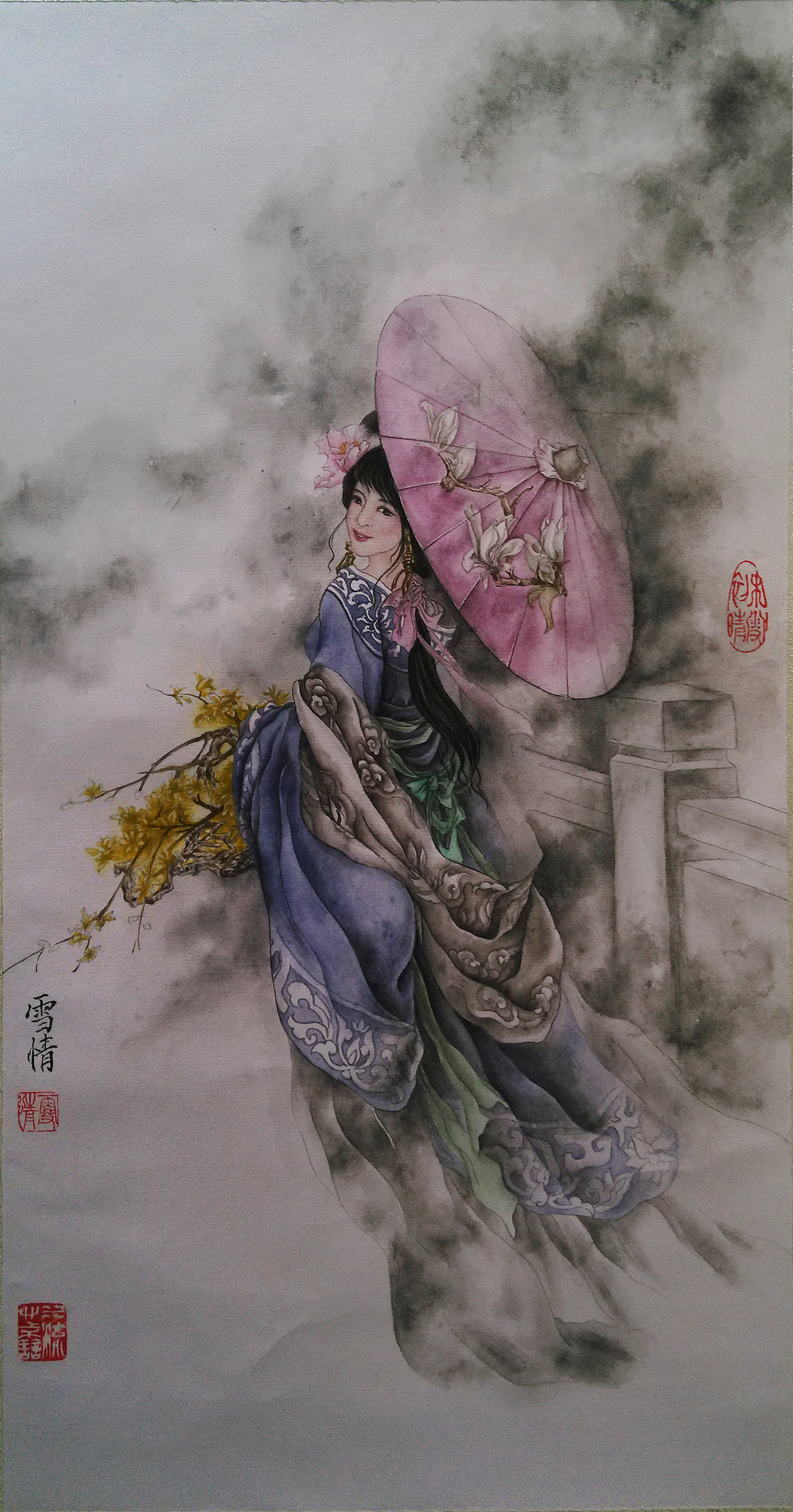 《红楼一梦》之贾迎春(第一幅)
这幅画的我很是悲痛,这已经是第二幅,韵味已经不如第一幅。当时画完晕染背景,结果宣纸漏矾正好墨水晕染到脸颊,哀莫大于心死。重画!以我的速度一边上课一边抽课余画,一幅断断续续也要两个星期左右。。