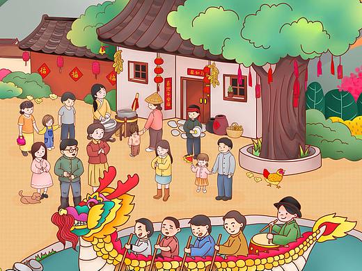 美的生活电器除夕手绘九宫格插画海报
