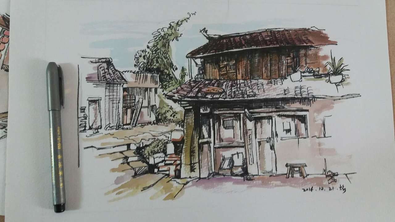 钢笔水彩风景速写