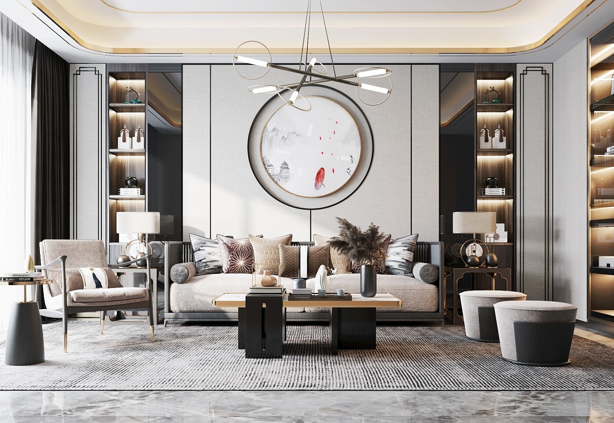 新式中式风客厅全景效果图设计（图ZMjcwODYxMDYw） - 家装设计 - 站酷设计师王彤ing原创素材 - 站酷ZCOOL