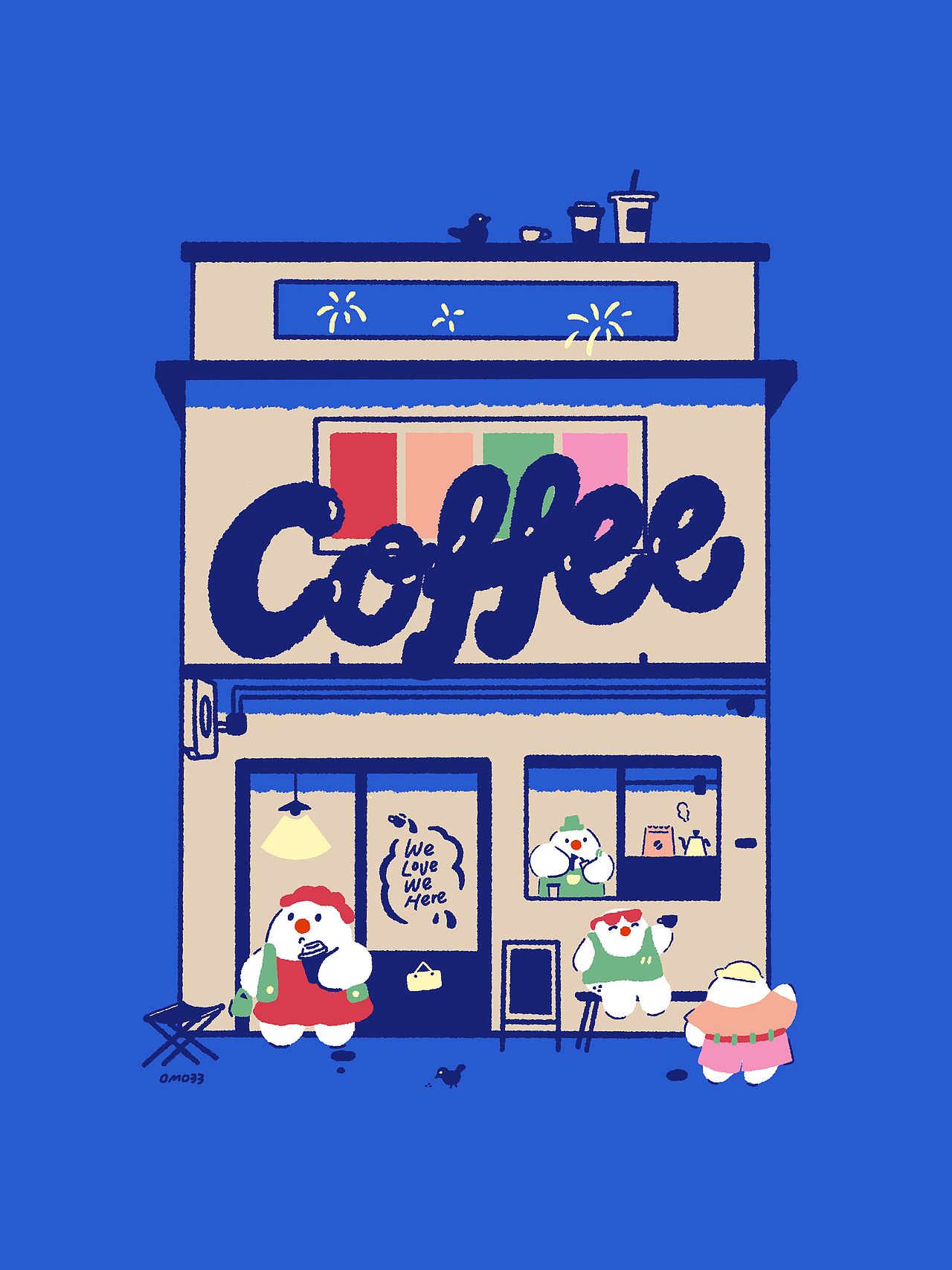 蓝色基底的美式咖啡店,好友相聚,年轻女孩购入一杯特调,店员拉花做咖啡。
An American-style coffee shop with a blue background, friends gather here, a young girl buy a special blends, and the staff makes coffee with latte art.