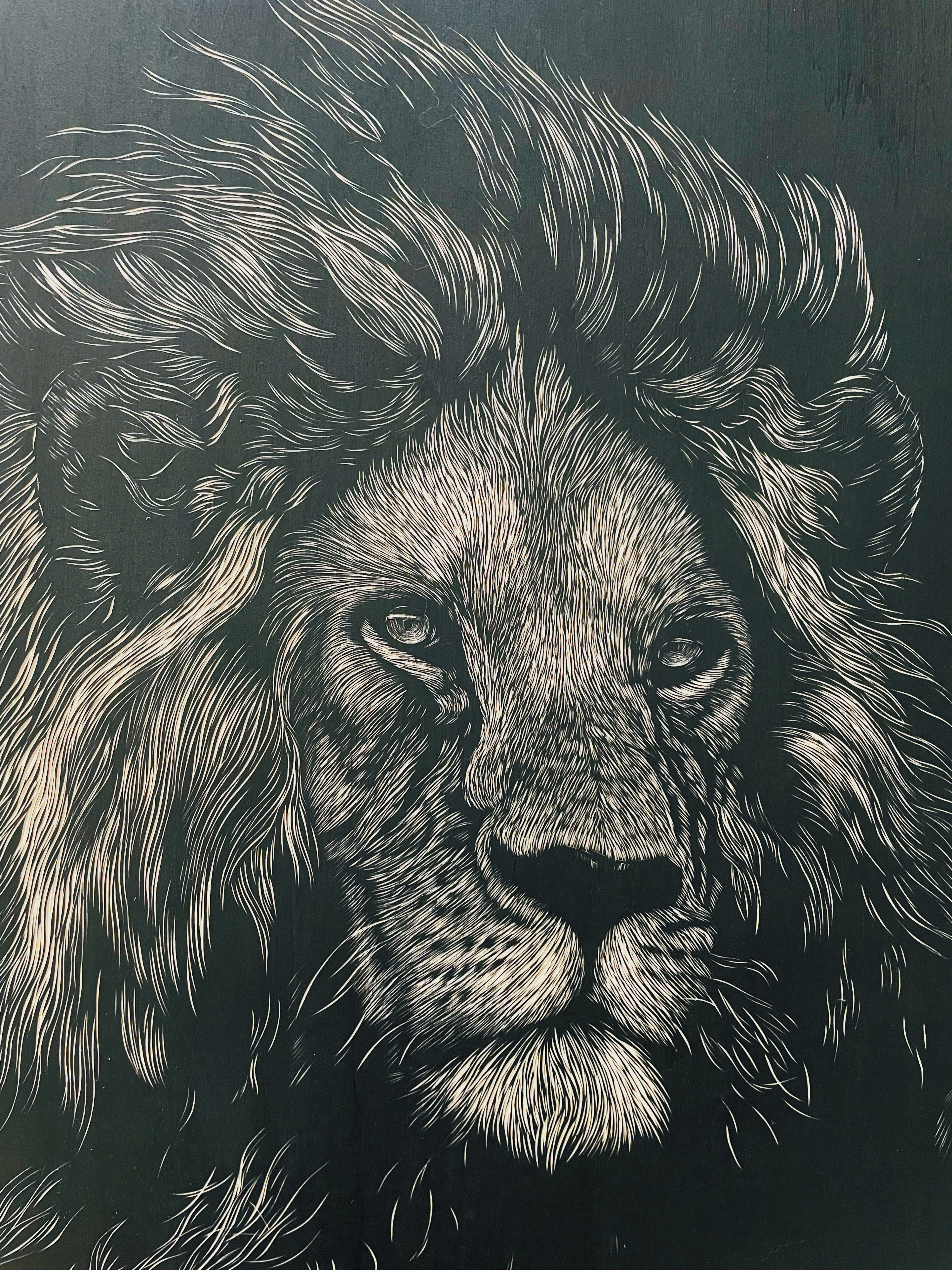 手工雕刻黑白木刻版画·狮子