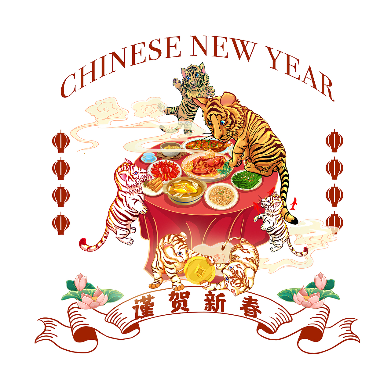 寅虎送福国潮插画·福禄寿喜财五神齐聚 | 非渔工作室（图ZMjg2Mjg2NTIw） - 商业插画 - 站酷设计师非渔工作室原创素材 - 站酷ZCOOL
