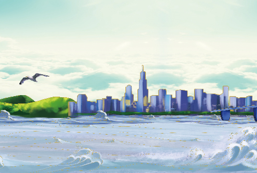 武汉黄鹤楼,龟山电视塔,江汉关大桥二桥全景长卷绘画_鲲鹏设计插画