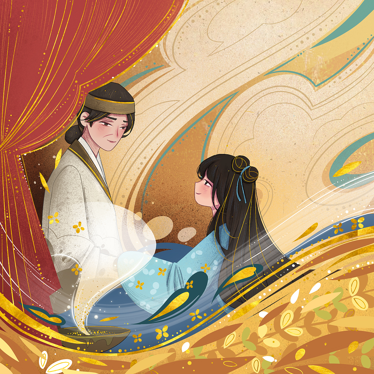 柏抱槐民間傳說-《槐娘與柏郎》系列插畫（圖ZMjY1NTcxODIw） - 繪本 - 站酷設(shè)計師爽籽VIVI原創(chuàng)素材 - 站酷ZCOOL