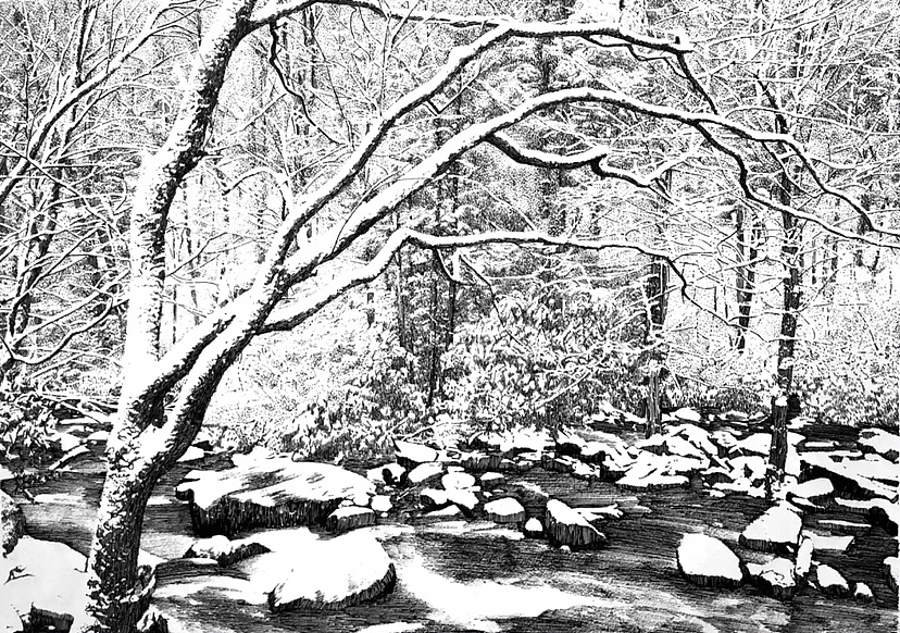 钢笔画雪景作品