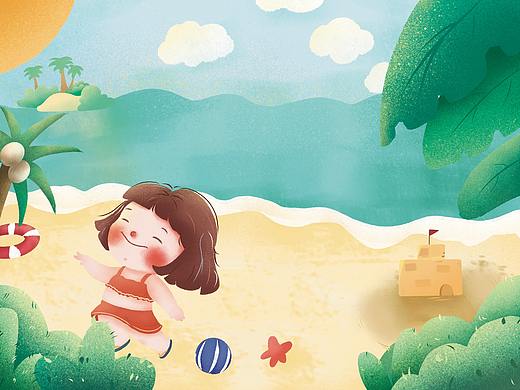儿童插画，夏日海边