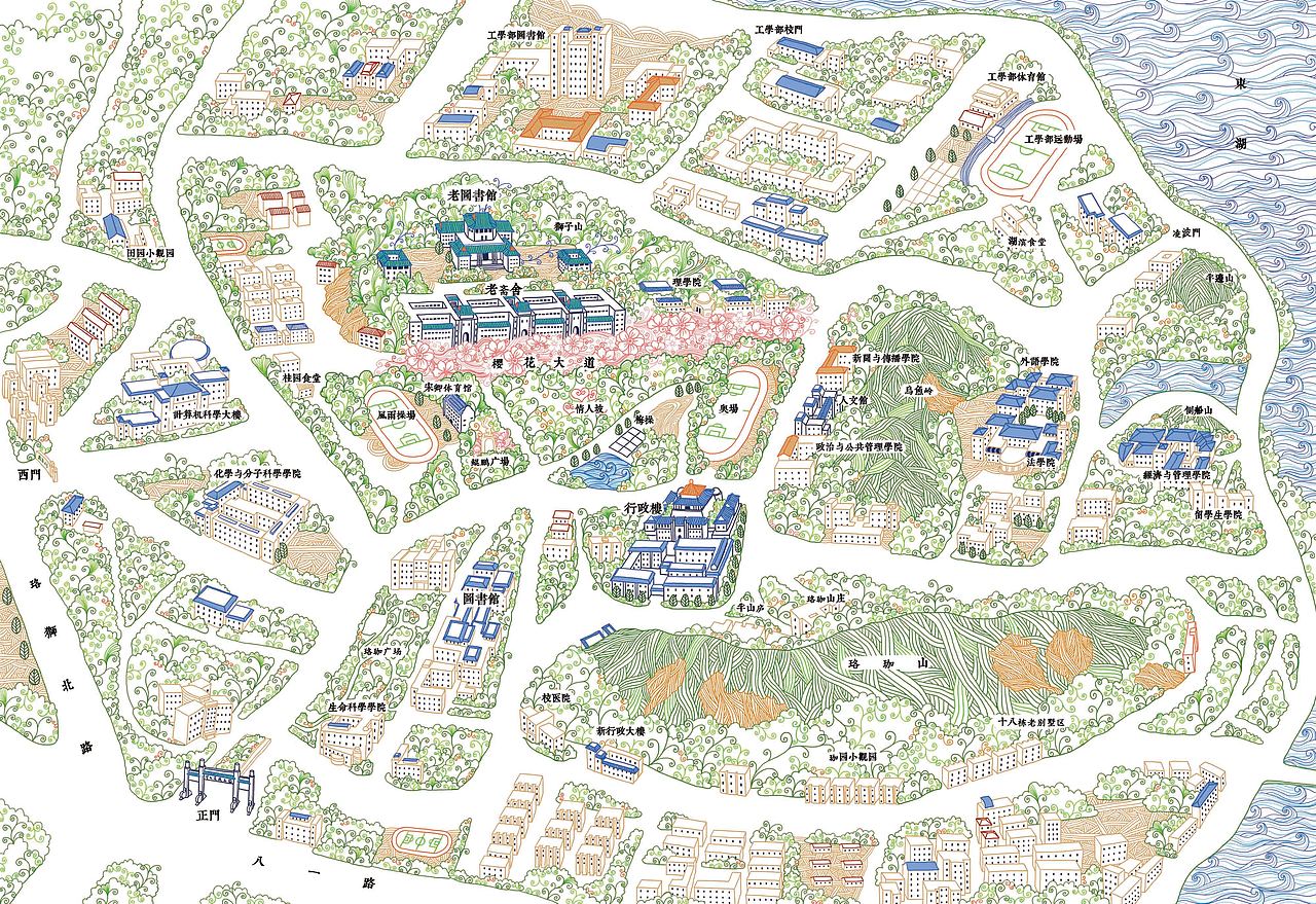 樱武汉大学手绘地图