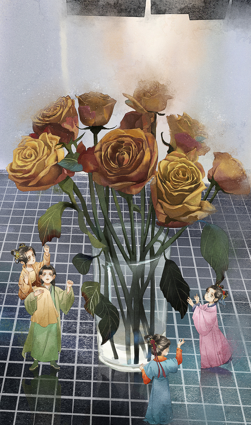 古风水彩花卉Q版人物