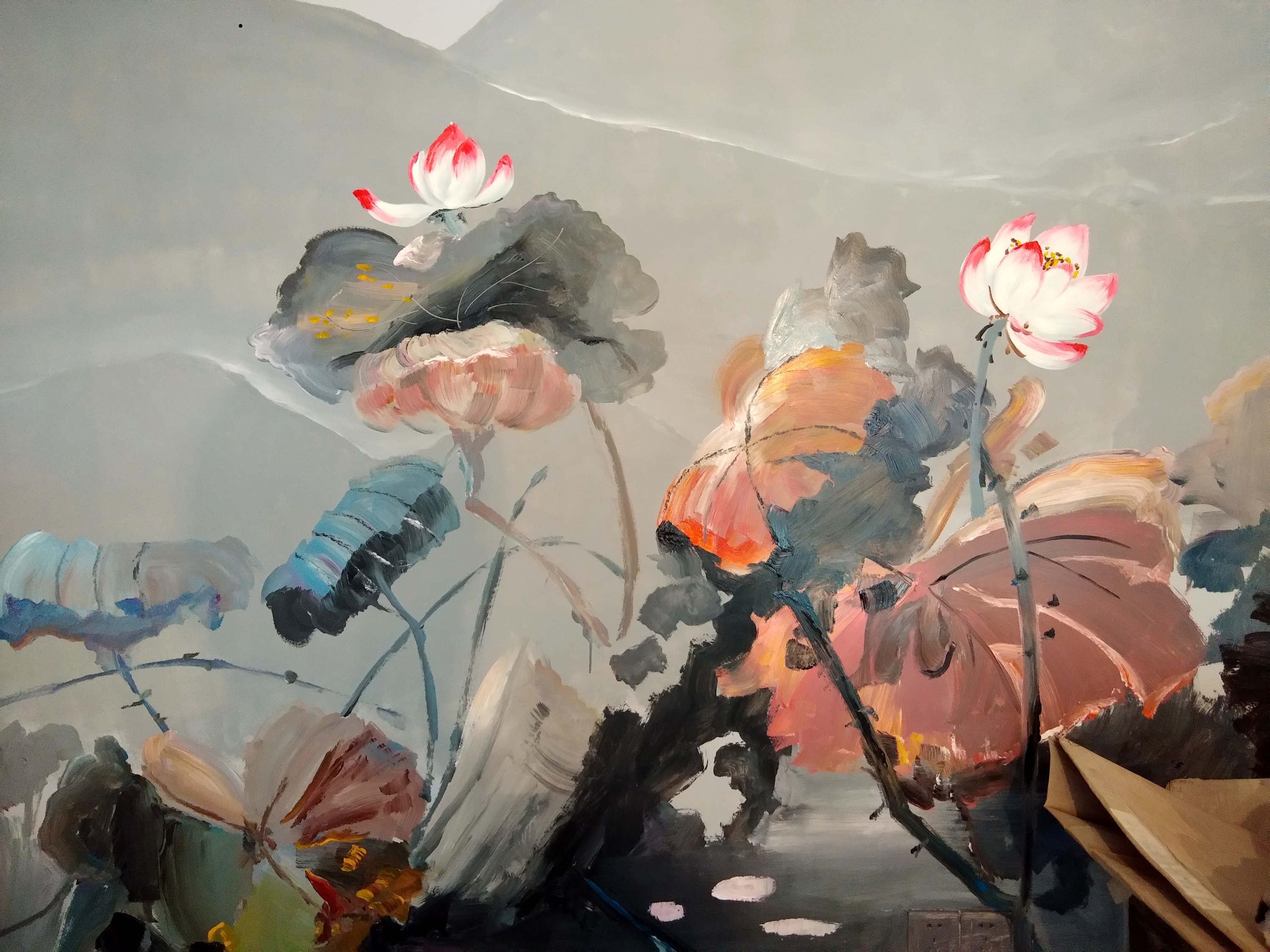 写意油画荷花,放肆的技法