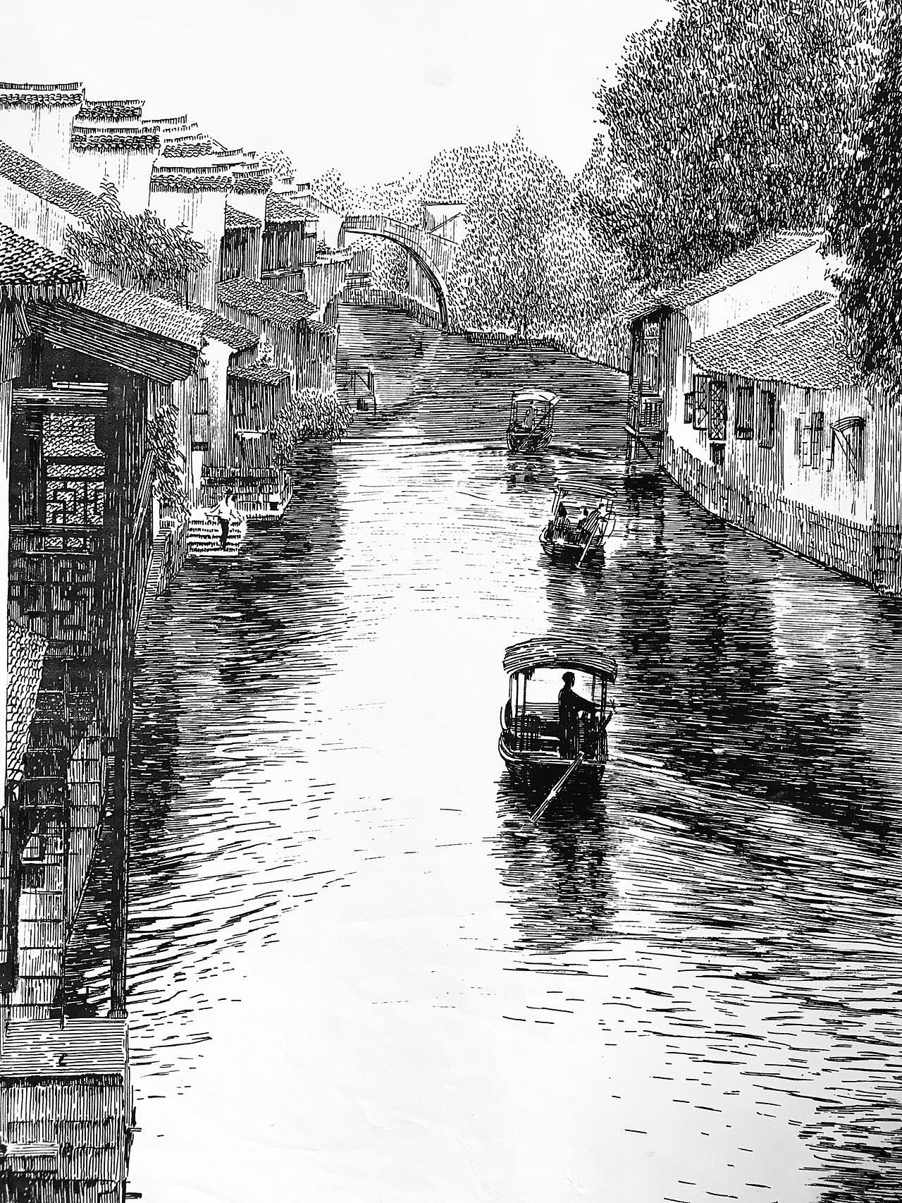 马国斌钢笔画江南水乡古镇风光