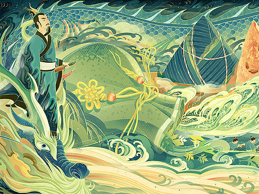 祥龙竞渡-端午节日插画长图