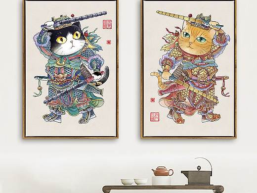 风俗年画之猫咪门神（警长尉迟敬喵和橘喵叔宝）