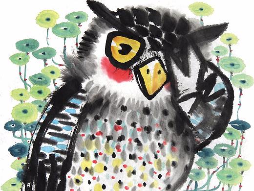 21幅宣纸水墨插画猫头鹰