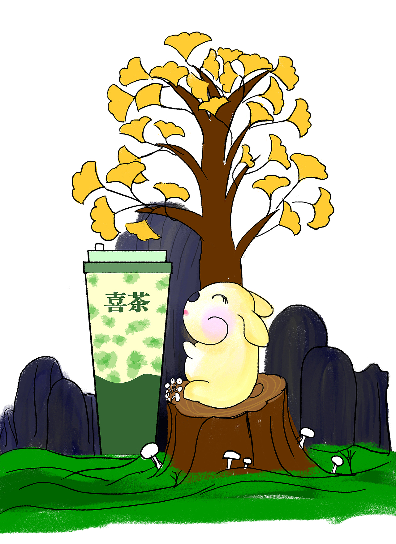 兔子 奶茶 国潮绘画 插画 银杏叶 山 树（图ZMzM3MDI0MDEy） - 包装 - 站酷设计师阮丫原创素材 - 站酷ZCOOL