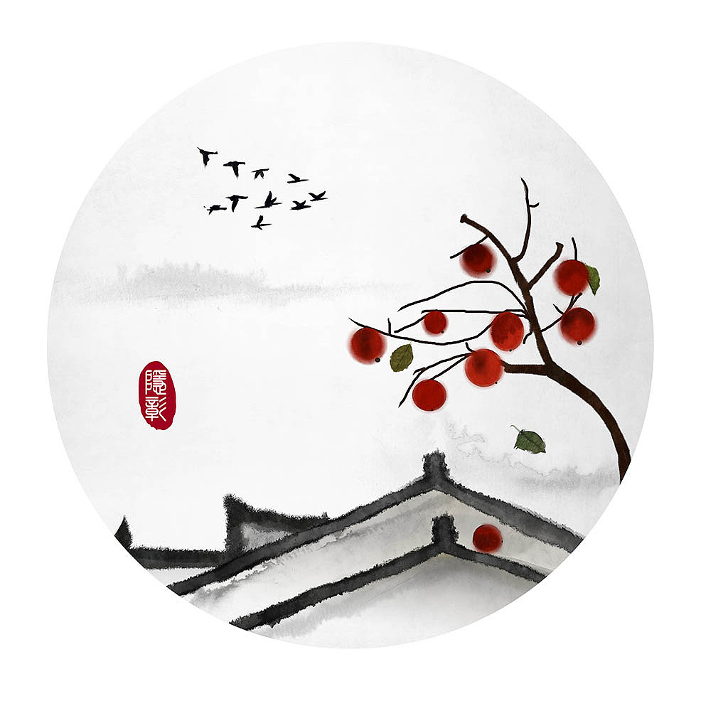 柿子飞鸟古风禅意水墨画安静中式中国风古风插画